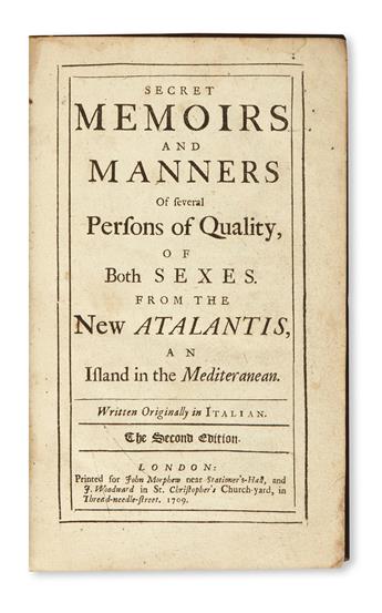 [MANLEY, MARY DELARIVIÈRE.]  Secret Memoirs and Manners . . . From the New Atalantis . . . Second Edition.  2 vols. in one.  1709